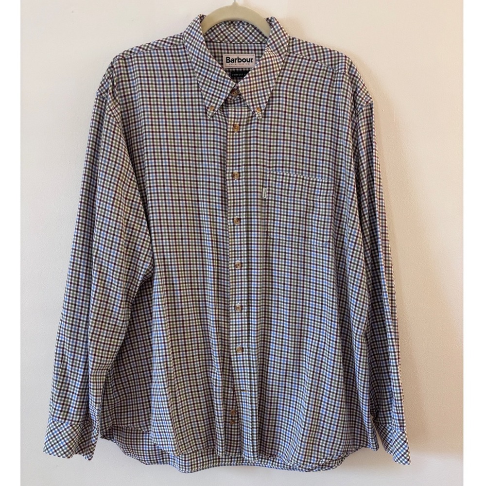 Barbour Mens Comfort Fit Cotton Tattersall Check Button Down Shirt Blue Green XL